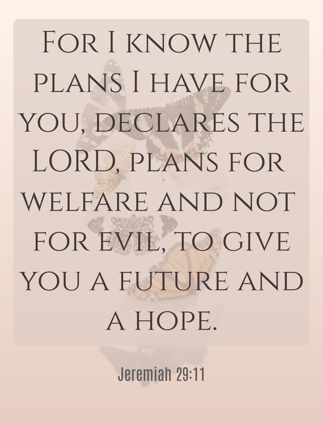 For I know the plans I have for you, declares the LORD, plans for welfare and not for evil, to give you a future and a hope. - Jeremiah 29:11