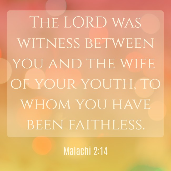 The LORD was witness between you and the wife of your youth, to whom you have been faithless. - Malachi 2:14