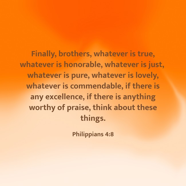 Finally, brothers, whatever is true, whatever is honorable, whatever is just, whatever is pure, whatever is lovely, whatever is commendable, if there is any excellence, if there is anything worthy of praise, think about these things. - Philippians 4:8