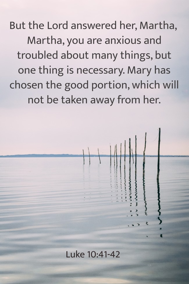 But the Lord answered her, Martha, Martha, you are anxious and troubled about many things, but one thing is necessary. Mary has chosen the good portion, which will not be taken away from her. - Luke 10:41-42
