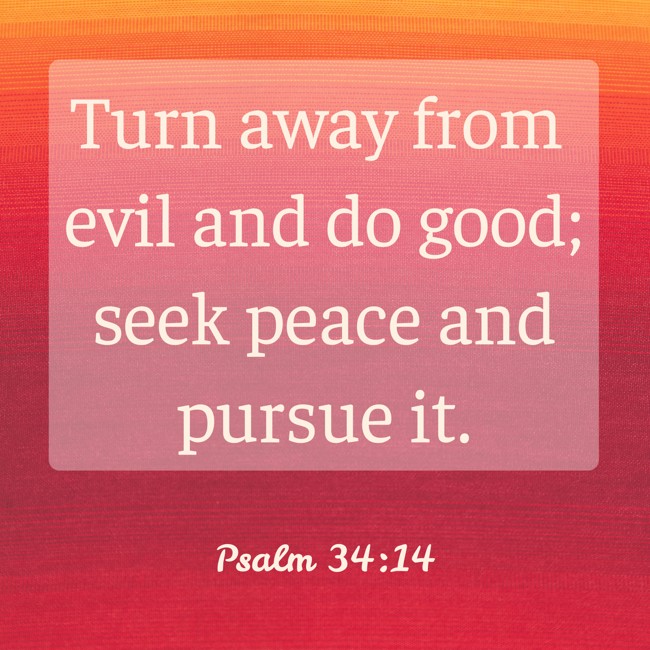 Turn away from evil and do good; seek peace and pursue it. - Psalm 34:14