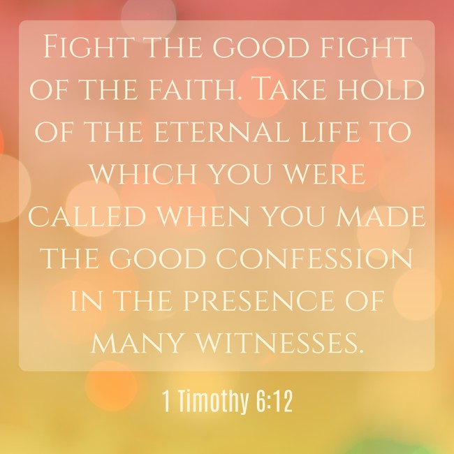 Fight the good fight of the faith. Take hold of the eternal life to which you were called when you made the good confession in the presence of many witnesses. - 1 Timothy 6:12