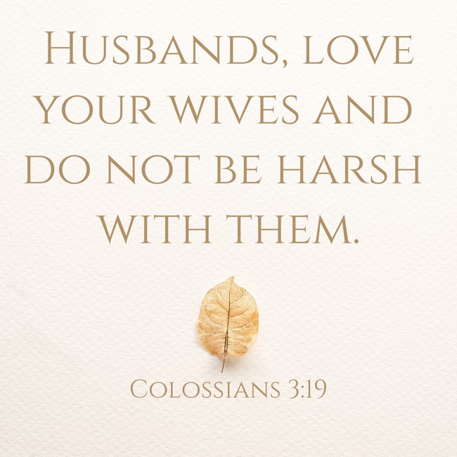 Husbands, love your wives and do not be harsh with them. - Colossians 3:19
