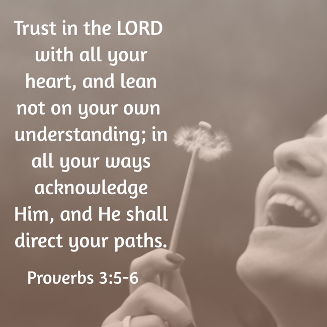 Trust in the LORD with all your heart, and lean not on your own understanding; in all your ways acknowledge Him, and He shall direct your paths. - Proverbs 3:5-6