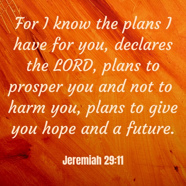 For I know the plans I have for you, declares the LORD, plans to prosper you and not to harm you, plans to give you hope and a future. - Jeremiah 29:11