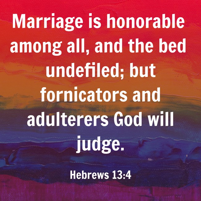 Marriage is honorable among all, and the bed undefiled; but fornicators and adulterers God will judge. - Hebrews 13:4