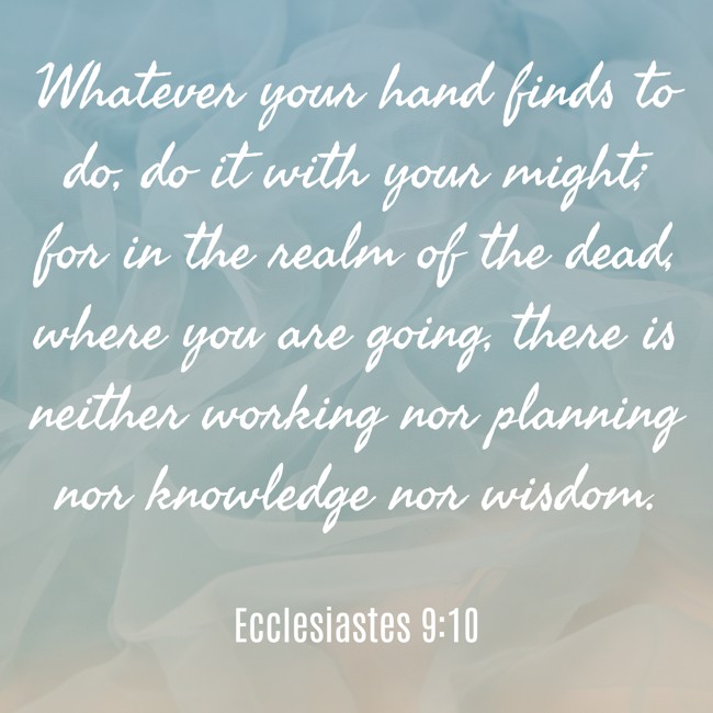  Whatever your hand finds to do, do it with your might; for in the realm of the dead, where you are going, there is neither working nor planning nor knowledge nor wisdom.   - Ecclesiastes 9:10 