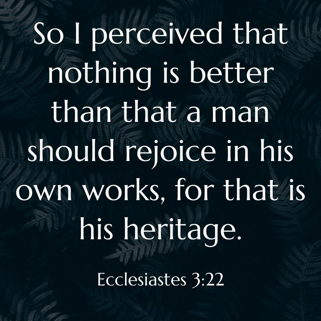 So I perceived that nothing is better than that a man should rejoice in his own works, for that is his heritage.   - Ecclesiastes 3:22 