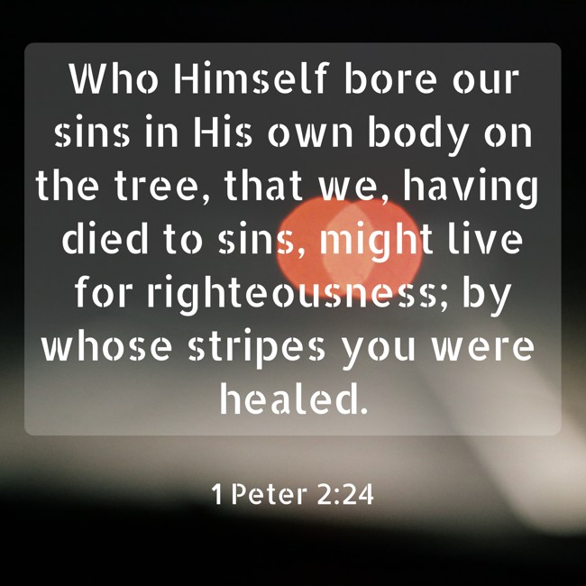 Who Himself bore our sins in His own body on the tree, that we, having died to sins, might live for righteousness; by whose stripes you were healed. - 1 Peter 2:24