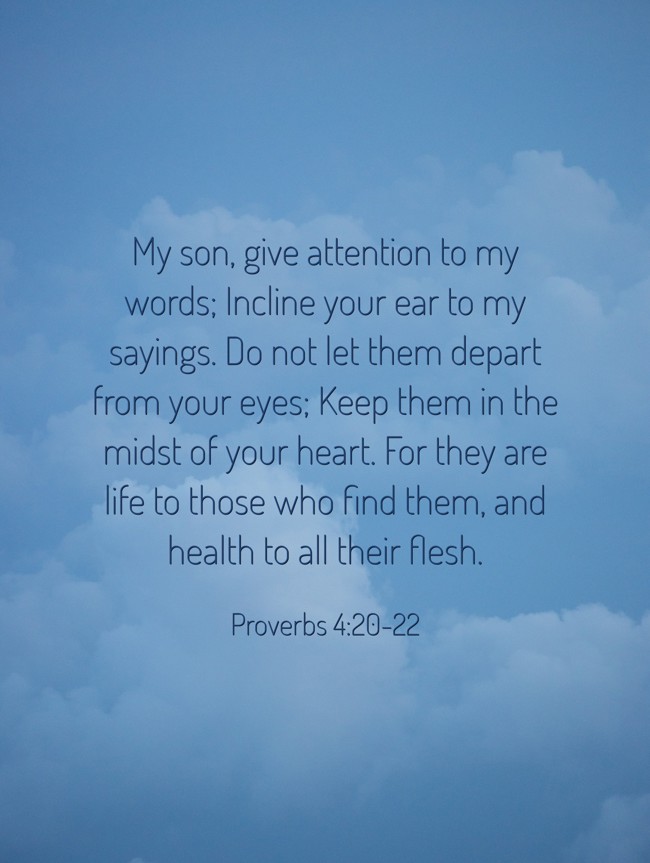 My son, give attention to my words; Incline your ear to my sayings. Do not let them depart from your eyes; Keep them in the midst of your heart. For they are life to those who find them, and health to all their flesh. - Proverbs 4:20-22