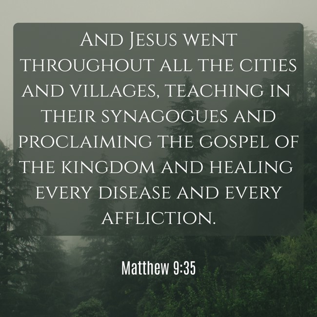 And Jesus went throughout all the cities and villages, teaching in their synagogues and proclaiming the gospel of the kingdom and healing every disease and every affliction. - Matthew 9:35