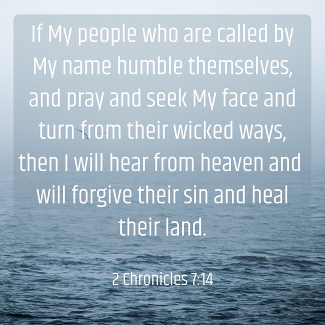 If My people who are called by My name humble themselves, and pray and seek My face and turn from their wicked ways, then I will hear from heaven and will forgive their sin and heal their land. - 2 Chronicles 7:14