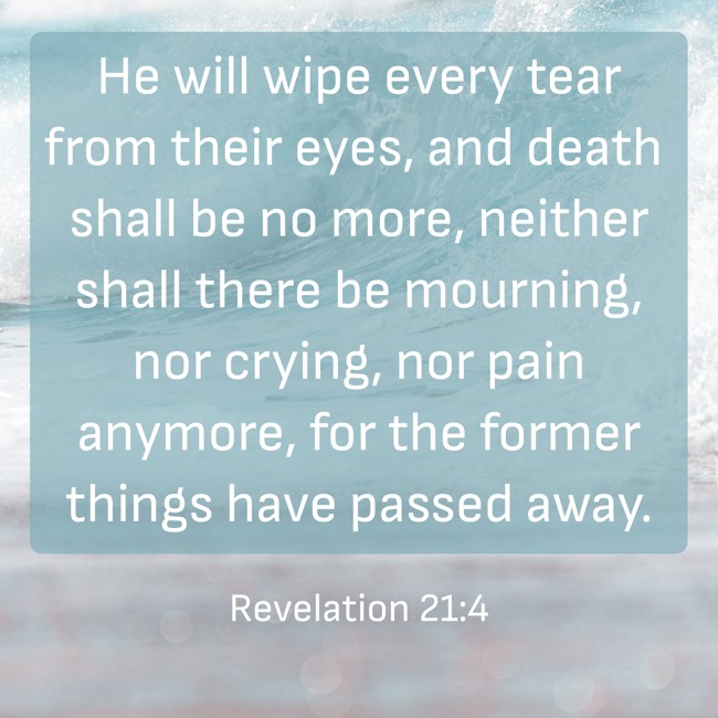 He will wipe every tear from their eyes, and death shall be no more, neither shall there be mourning, nor crying, nor pain anymore, for the former things have passed away. - Revelation 21:4