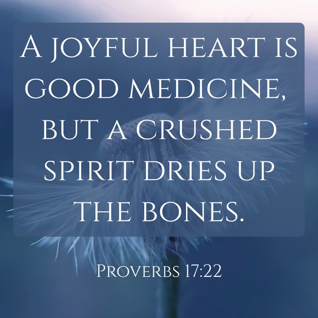 A joyful heart is good medicine, but a crushed spirit dries up the bones. - Proverbs 17:22