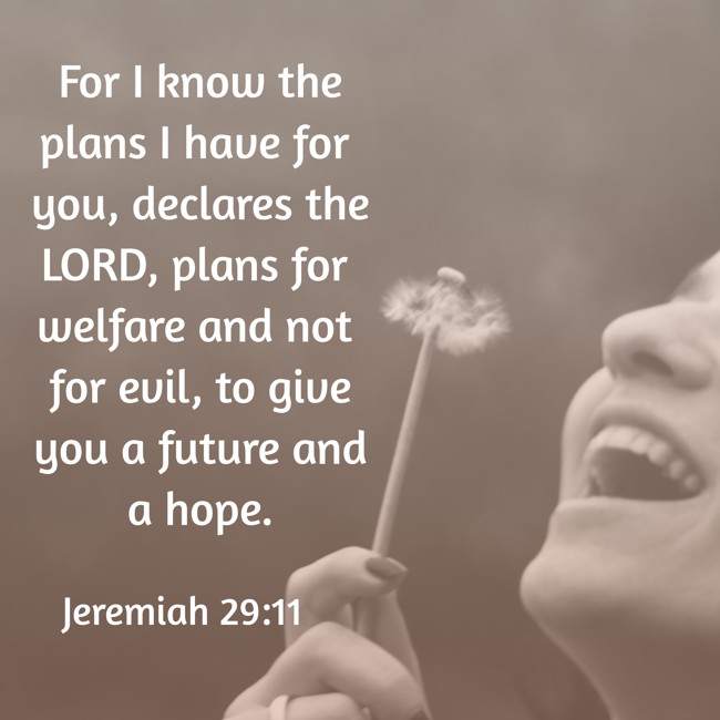 For I know the plans I have for you, declares the LORD, plans for welfare and not for evil, to give you a future and a hope. - Jeremiah 29:11