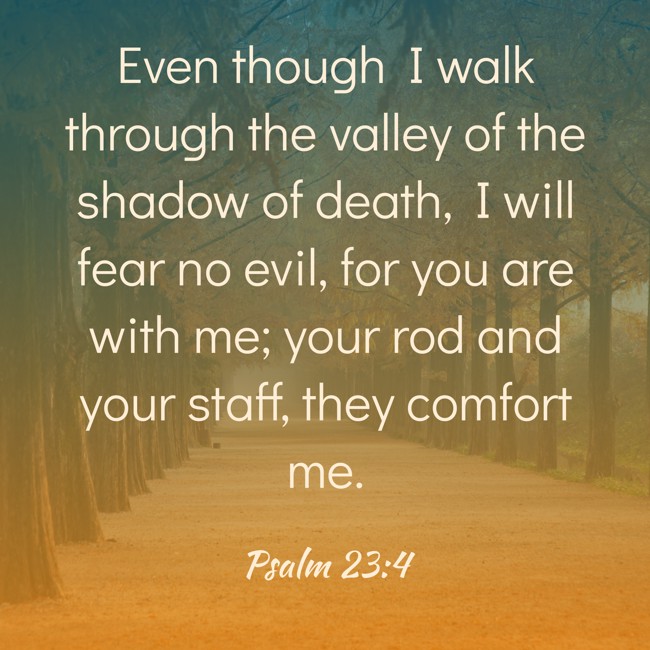 Even though I walk through the valley of the shadow of death, I will fear no evil, for you are with me; your rod and your staff, they comfort me. - Psalm 23:4