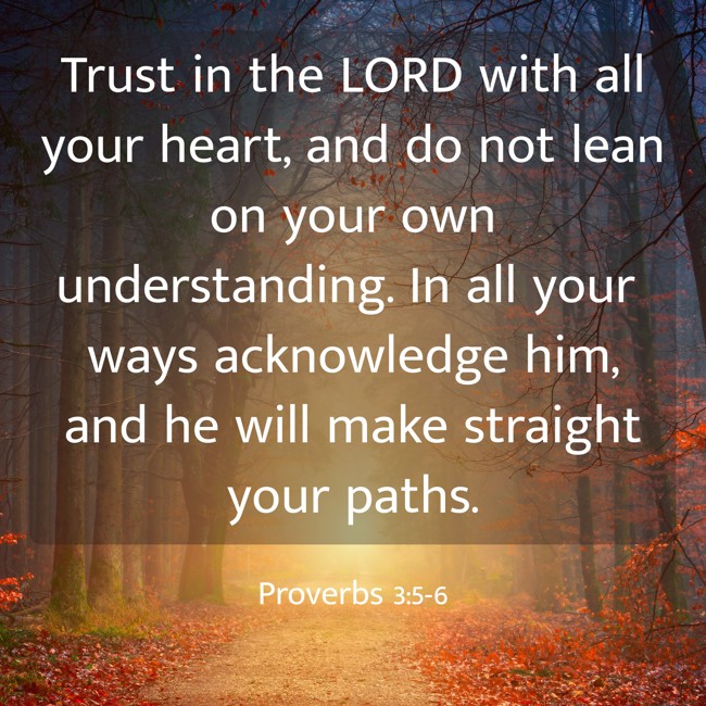 Trust in the LORD with all your heart, and do not lean on your own understanding. In all your ways acknowledge him, and he will make straight your paths. - Proverbs 3:5-6
