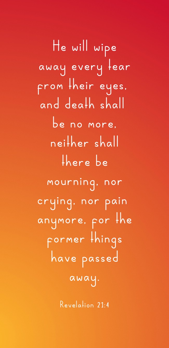 He will wipe away every tear from their eyes, and death shall be no more, neither shall there be mourning, nor crying, nor pain anymore, for the former things have passed away. - Revelation 21:4