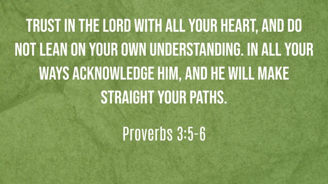 Trust in the LORD with all your heart, and do not lean on your own understanding. In all your ways acknowledge him, and he will make straight your paths. - Proverbs 3:5-6