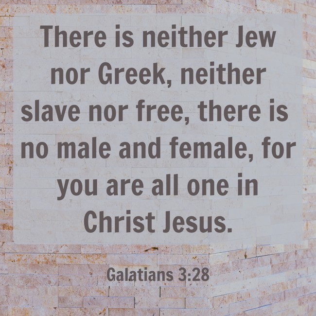 There is neither Jew nor Greek, neither slave nor free, there is no male and female, for you are all one in Christ Jesus. - Galatians 3:28