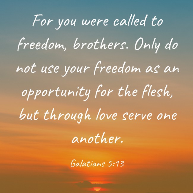 For you were called to freedom, brothers. Only do not use your freedom as an opportunity for the flesh, but through love serve one another. - Galatians 5:13