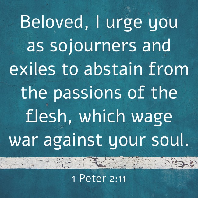 Beloved, I urge you as sojourners and exiles to abstain from the passions of the flesh, which wage war against your soul. - 1 Peter 2:11