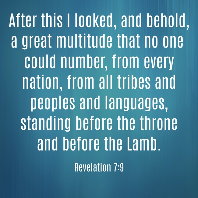 After this I looked, and behold, a great multitude that no one could number, from every nation, from all tribes and peoples and languages, standing before the throne and before the Lamb. - Revelation 7:9