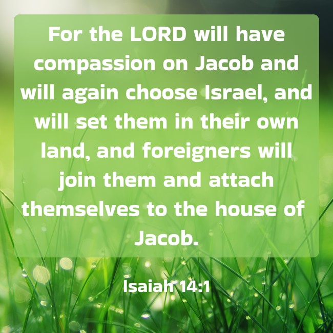 For the LORD will have compassion on Jacob and will again choose Israel, and will set them in their own land, and foreigners will join them and attach themselves to the house of Jacob. - Isaiah 14:1