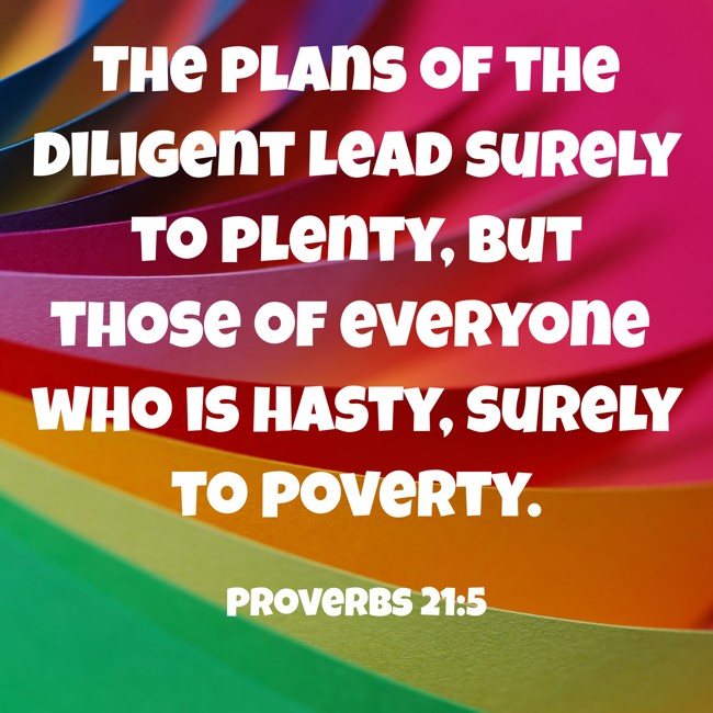 The plans of the diligent lead surely to plenty, but those of everyone who is hasty, surely to poverty. - Proverbs 21:5