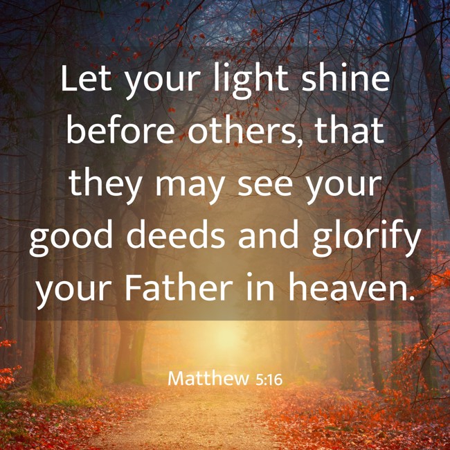 Let your light shine before others, that they may see your good deeds and glorify your Father in heaven. - Matthew 5:16