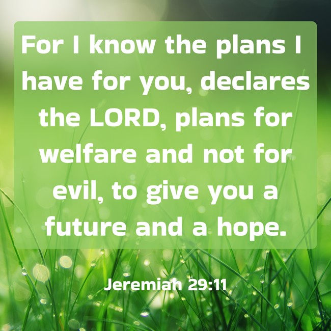For I know the plans I have for you, declares the LORD, plans for welfare and not for evil, to give you a future and a hope. - Jeremiah 29:11