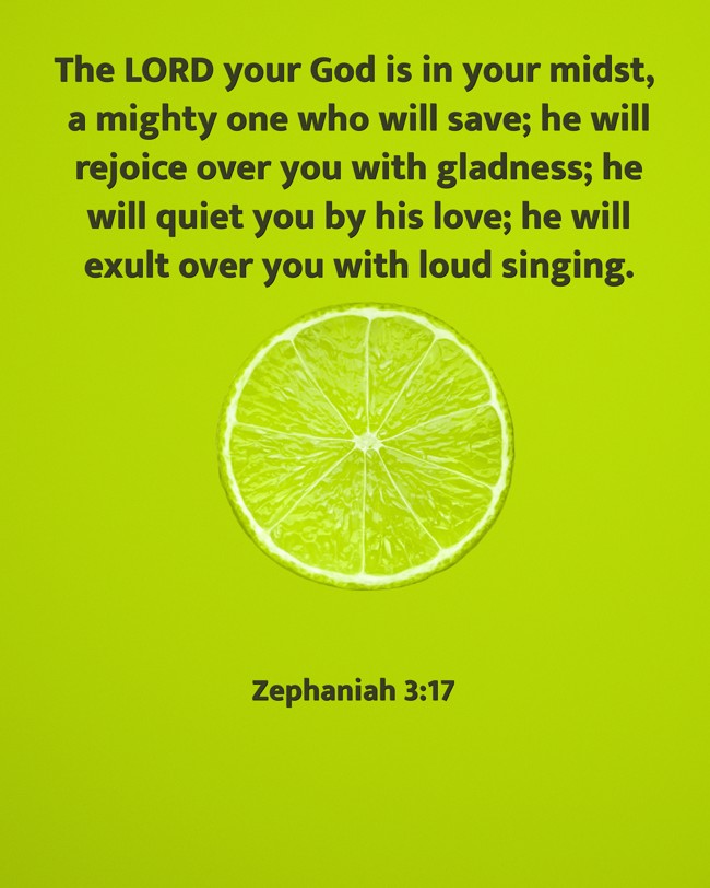 The LORD your God is in your midst, a mighty one who will save; he will rejoice over you with gladness; he will quiet you by his love; he will exult over you with loud singing. - Zephaniah 3:17