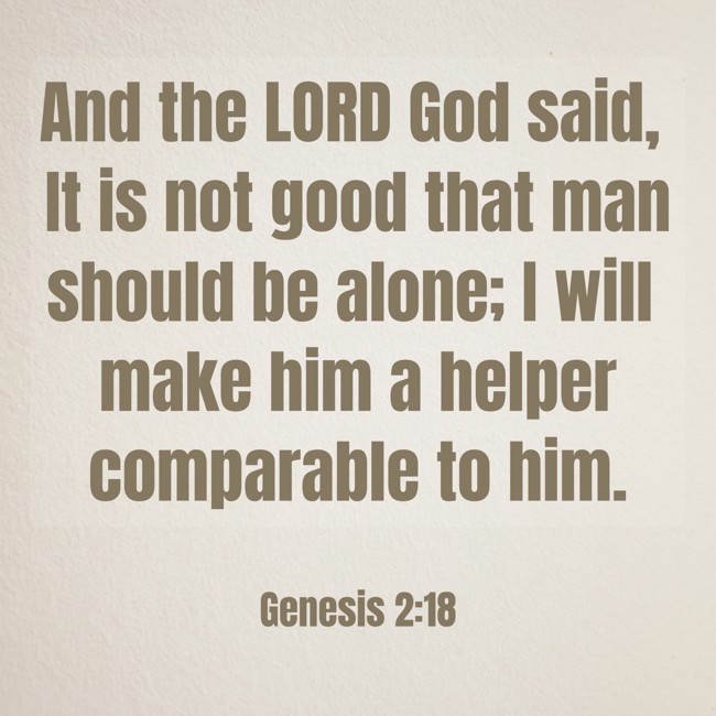 And the LORD God said, It is not good that man should be alone; I will make him a helper comparable to him. - Genesis 2:18