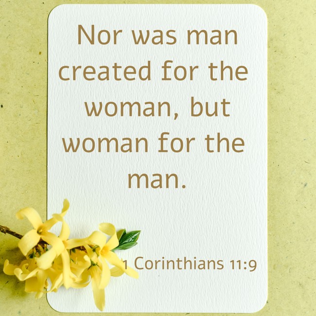 Nor was man created for the woman, but woman for the man. - 1 Corinthians 11:9