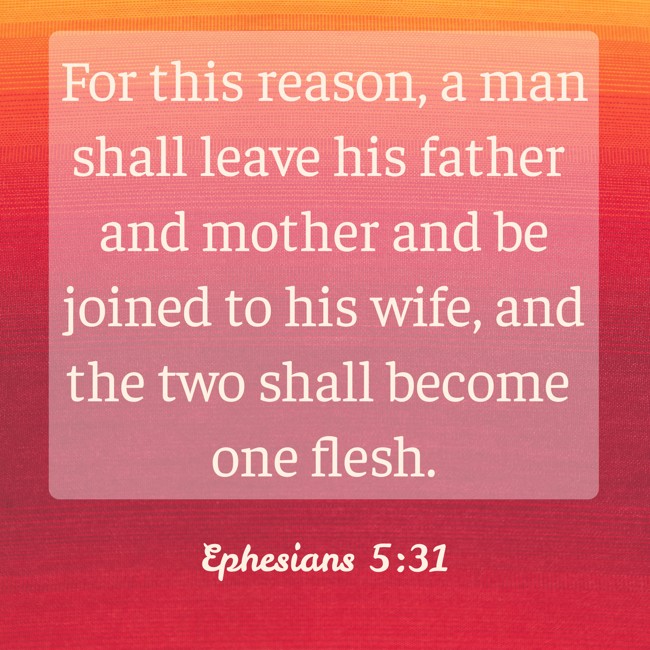 For this reason, a man shall leave his father and mother and be joined to his wife, and the two shall become one flesh. - Ephesians 5:31