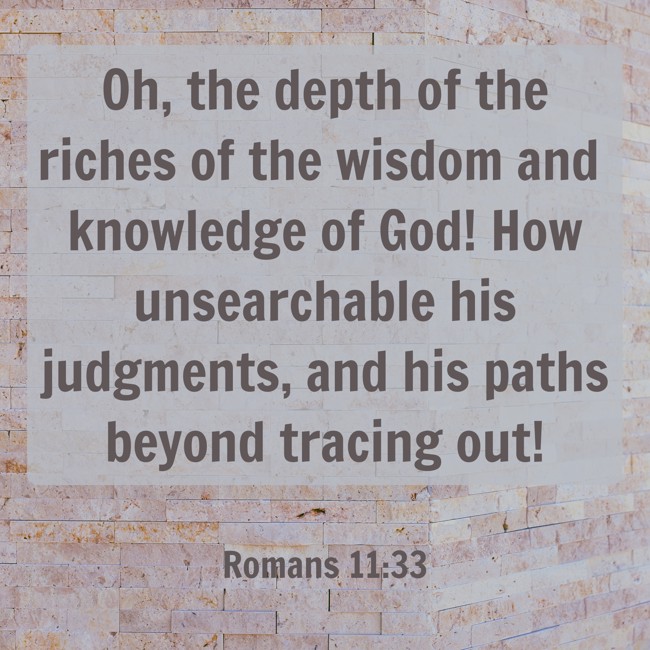 Oh, the depth of the riches of the wisdom and knowledge of God! How unsearchable his judgments, and his paths beyond tracing out! - Romans 11:33