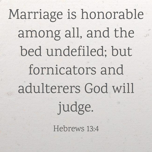 Marriage is honorable among all, and the bed undefiled; but fornicators and adulterers God will judge. - Hebrews 13:4