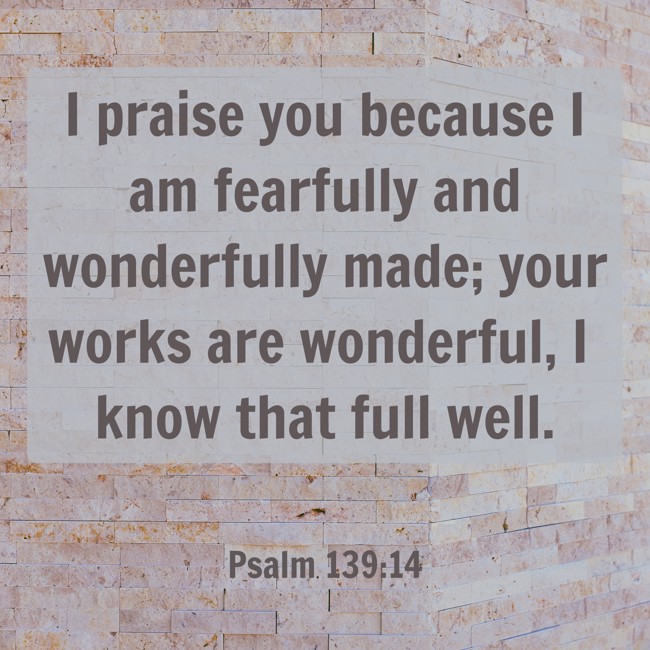 I praise you because I am fearfully and wonderfully made; your works are wonderful, I know that full well. - Psalm 139:14