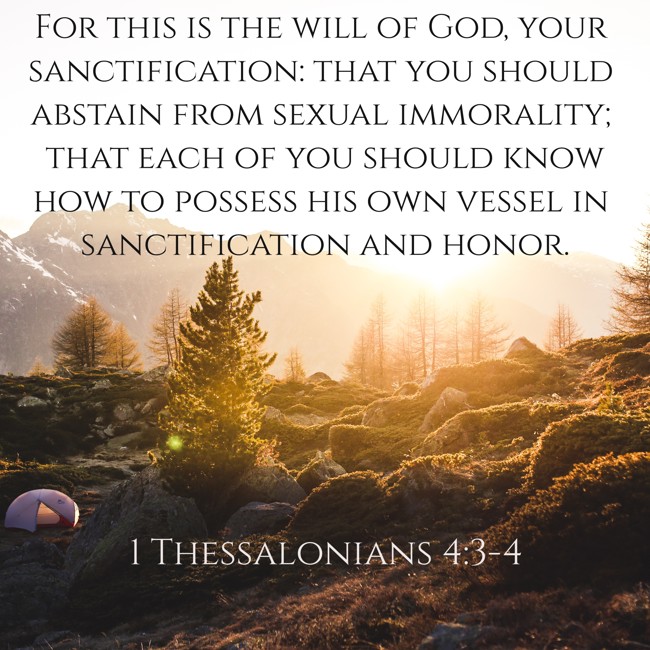 For this is the will of God, your sanctification: that you should abstain from sexual immorality; that each of you should know how to possess his own vessel in sanctification and honor. - 1 Thessalonians 4:3-4