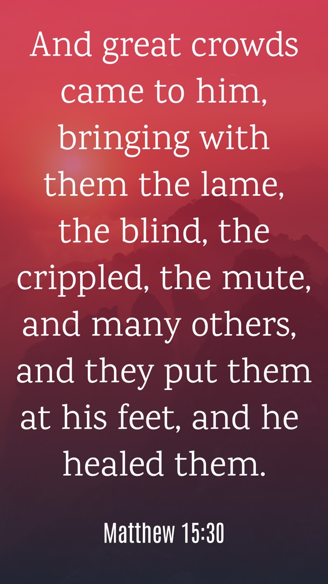 And great crowds came to him, bringing with them the lame, the blind, the crippled, the mute, and many others, and they put them at his feet, and he healed them. - Matthew 15:30