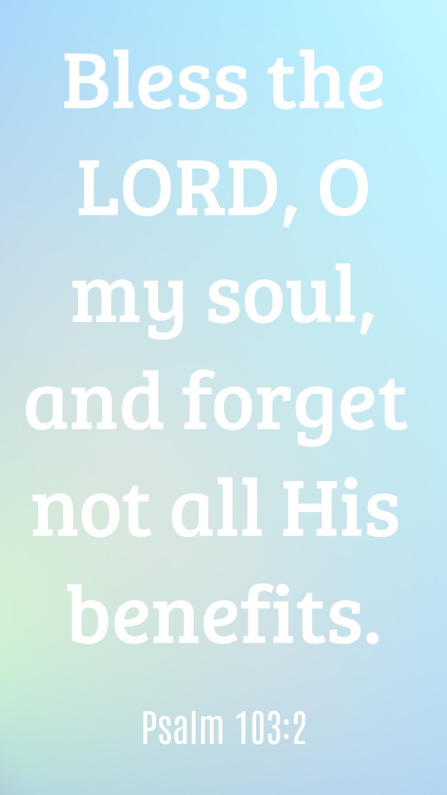 Bless the LORD, O my soul, and forget not all His benefits. - Psalm 103:2