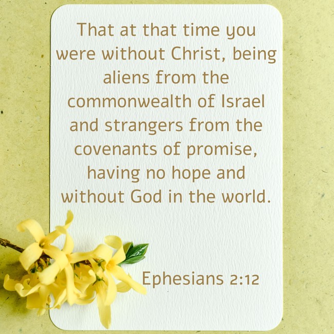 That at that time you were without Christ, being aliens from the commonwealth of Israel and strangers from the covenants of promise, having no hope and without God in the world. - Ephesians 2:12