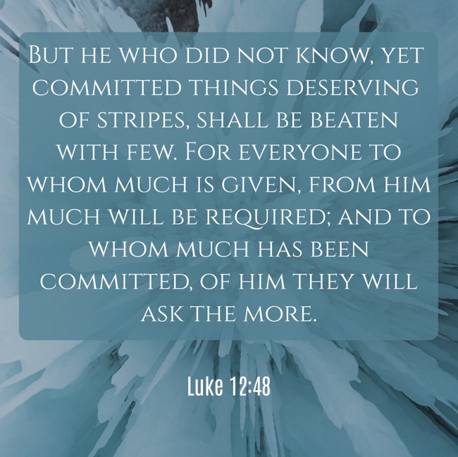 But he who did not know, yet committed things deserving of stripes, shall be beaten with few. For everyone to whom much is given, from him much will be required; and to whom much has been committed, of him they will ask the more. - Luke 12:48