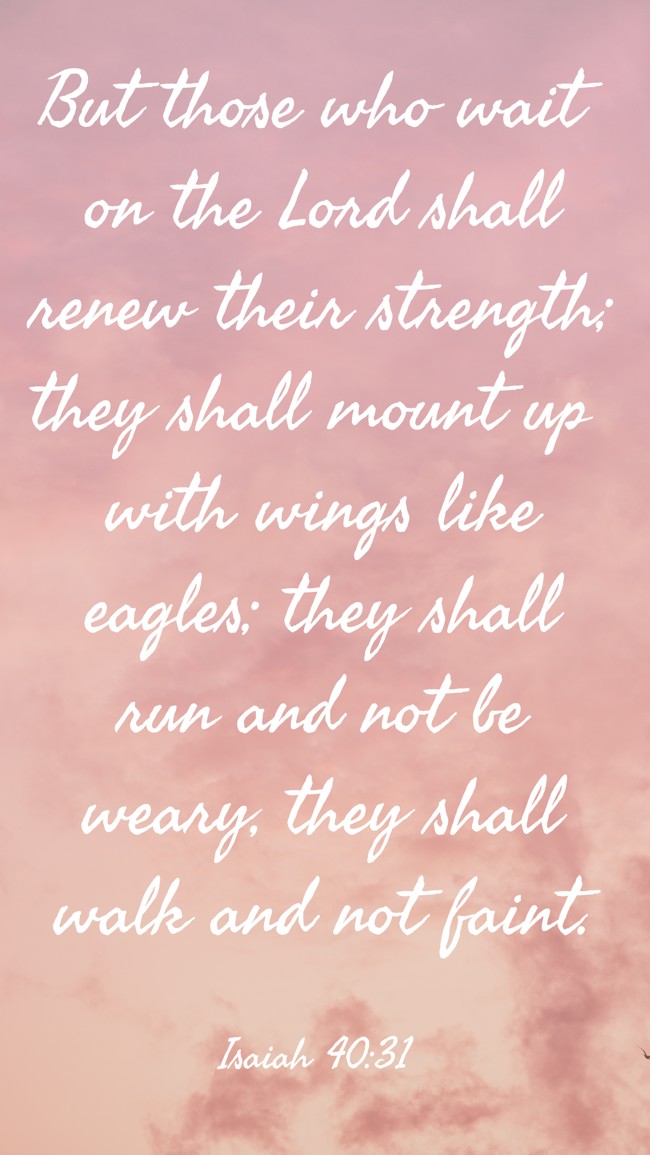 But those who wait on the Lord shall renew their strength; they shall mount up with wings like eagles; they shall run and not be weary, they shall walk and not faint. - Isaiah 40:31