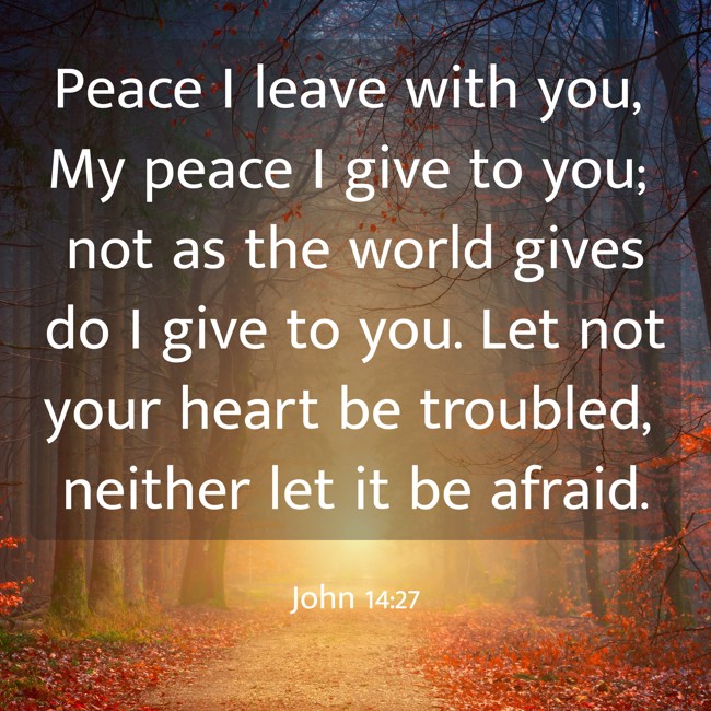 Peace I leave with you, My peace I give to you; not as the world gives do I give to you. Let not your heart be troubled, neither let it be afraid. - John 14:27
