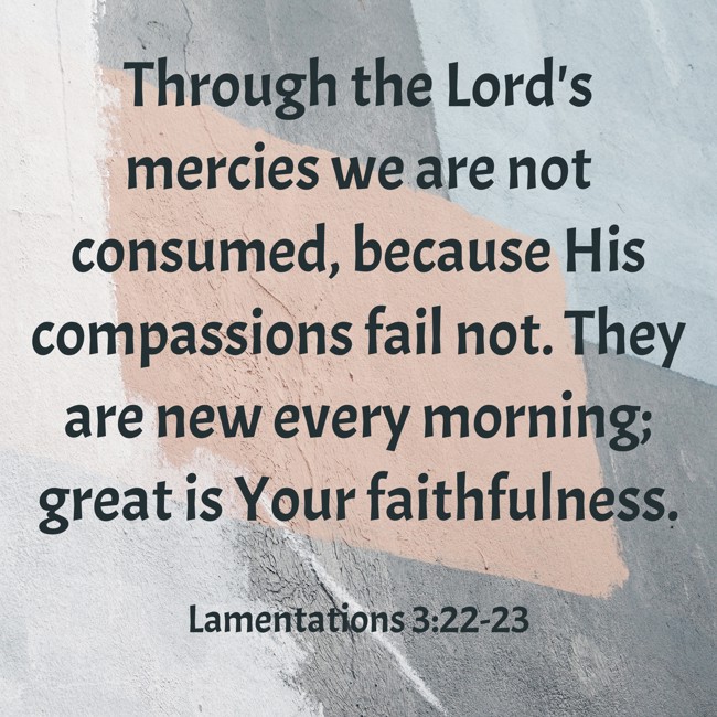 Through the Lord's mercies we are not consumed, because His compassions fail not. They are new every morning; great is Your faithfulness. - Lamentations 3:22-23