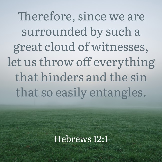 Therefore, since we are surrounded by such a great cloud of witnesses, let us throw off everything that hinders and the sin that so easily entangles. - Hebrews 12:1