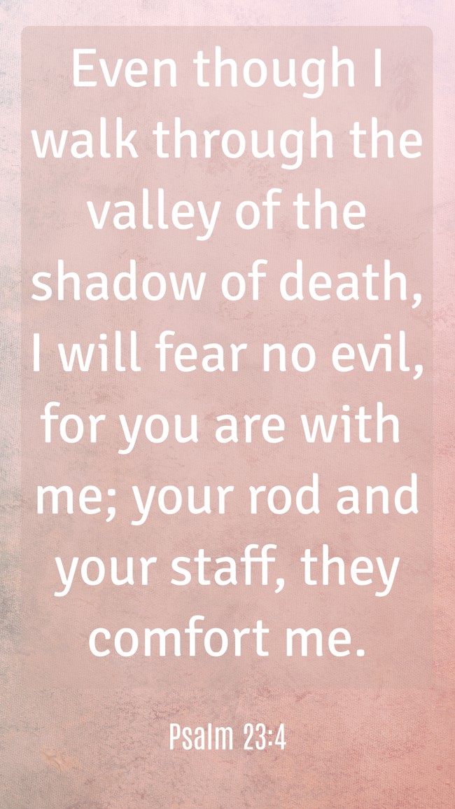 Even though I walk through the valley of the shadow of death, I will fear no evil, for you are with me; your rod and your staff, they comfort me. - Psalm 23:4