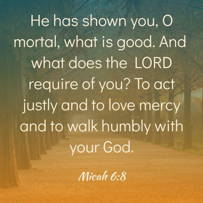 He has shown you, O mortal, what is good. And what does the LORD require of you? To act justly and to love mercy and to walk humbly with your God. - Micah 6:8