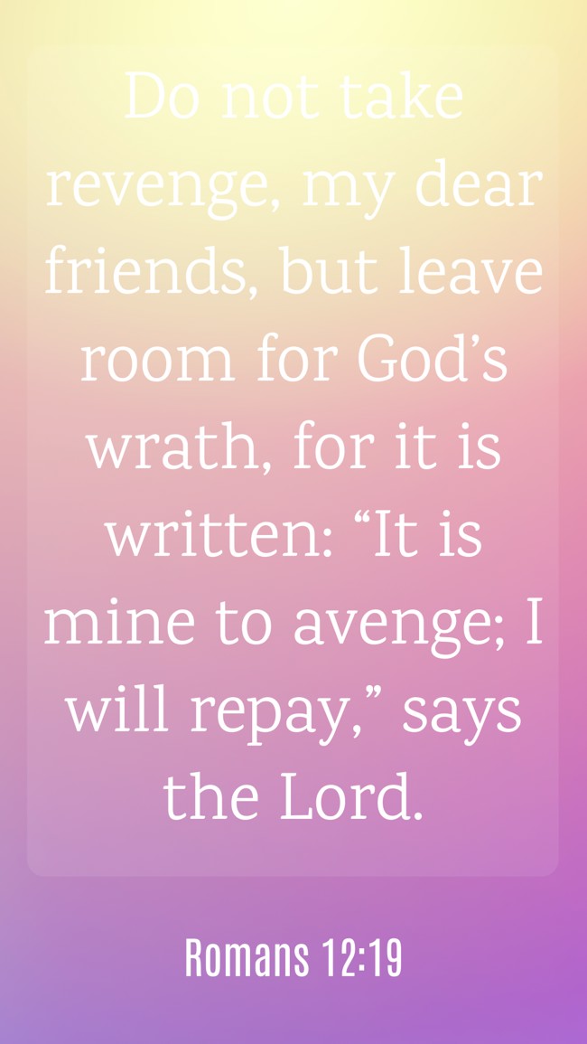 Do not take revenge, my dear friends, but leave room for God’s wrath, for it is written: “It is mine to avenge; I will repay,” says the Lord. - Romans 12:19